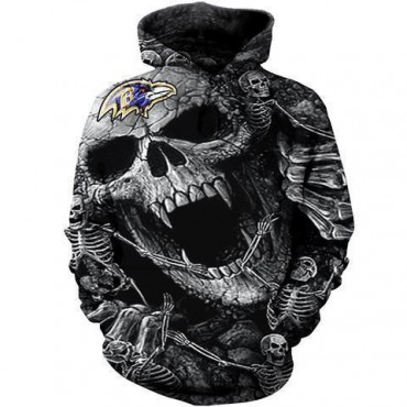 Baltimore Ravens 3D Hoodie Skull Gray