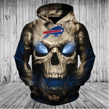 Buffalo Bills 3D Hoodie Gray Blue Skull