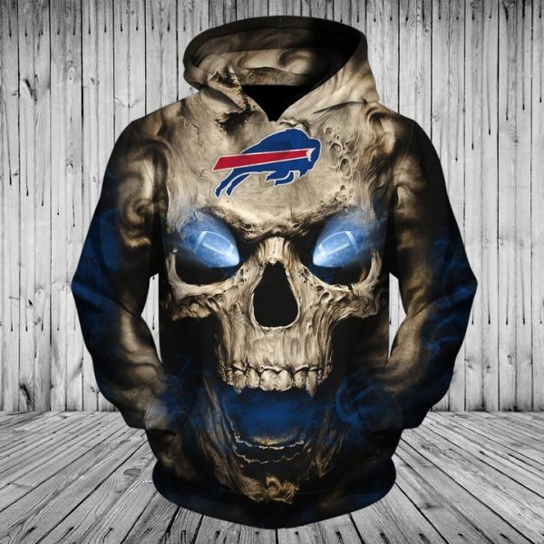 Buffalo Bills 3D Hoodie Gray Blue Skull