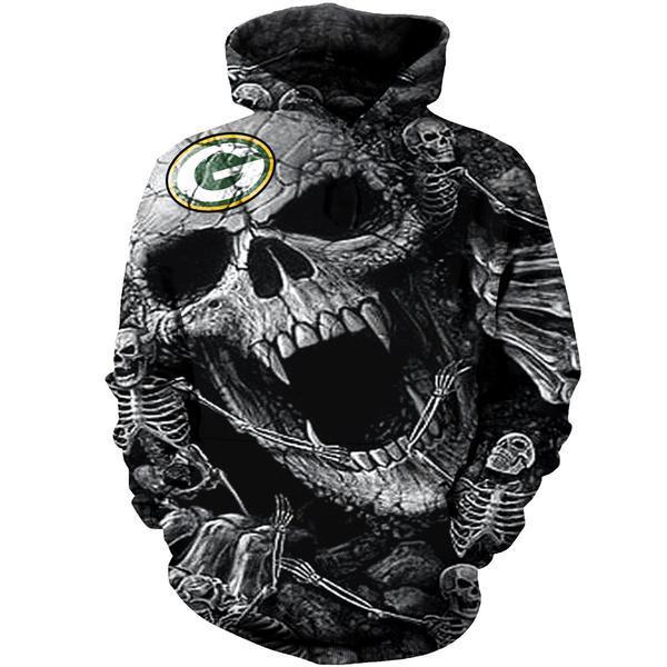 Green Bay Packers 3D Hoodie Gray Skull